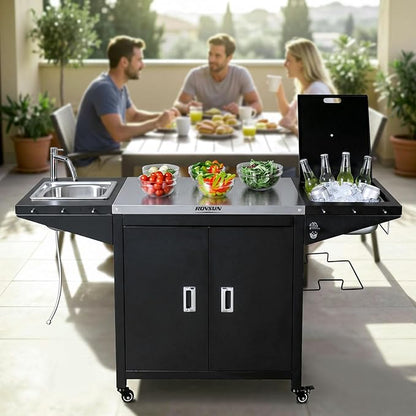 ROVSUN Outdoor Grill Cart with Sink, 304 Stainless Steel Sink with Chilly Bin Cooler, Rolling Kitchen Prep Island with Cabinet, Bottle Opener, Rubbish Rack, Patio, Gardens, Backyards