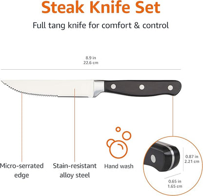 Amazon Basics 8-Piece Full Tang Stainless Steel Serrated Steak Knife Set, 4.5", Black