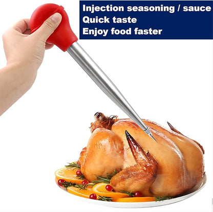 Turkey Baster, Baster Syringe for Cooking, Stainless Steel Turkey Baster with Silicone Bulb, Baster with Cleaning Brush &BBQ Brush&Marinade Needles, Baster for Home Baking&Kitchen Orange