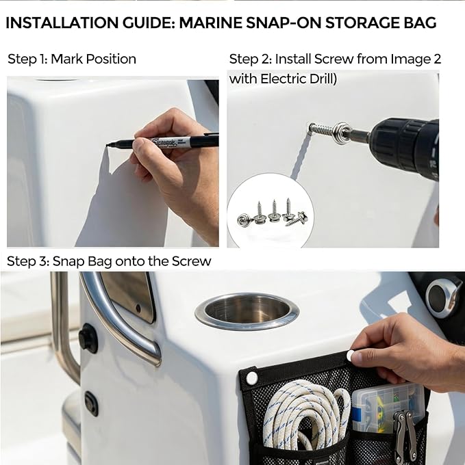 Marine Mesh Double Pocket Boat Gear Storage Bag, Polyester Boat Rope Storage Bag, Screw Snap Mount (Black, Large)