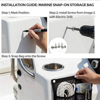 Marine Mesh Double Pocket Boat Gear Storage Bag, Polyester Boat Rope Storage Bag, Screw Snap Mount (Black, Large)