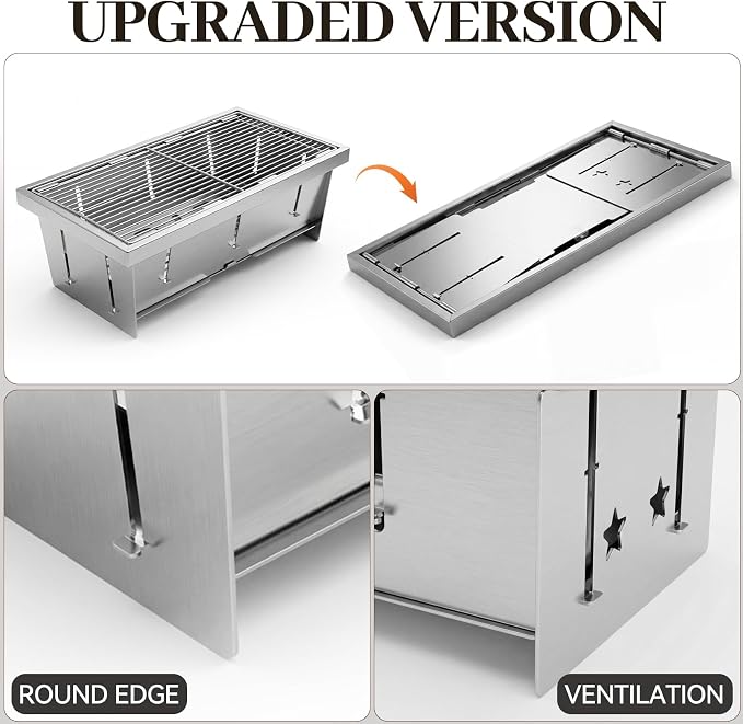 Portable Stainless Steel Charcoal Grill, Foldable Tabletop BBQ Grill for Camping, Backpacking, Hiking, Picnic - Ultra Compact & Lightweight