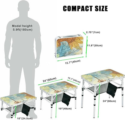 Small Folding Camping Table, 2ft Portable Picnic Table Aluminum 24" x 16", 3 Adjustable Heights Lightweight Dining Table for RV, Picnic, Beach (Sunflower)