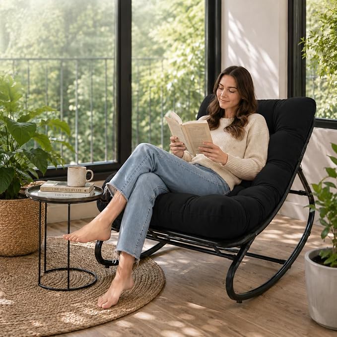 Garvee Papasan Rocking Chair, Thick Cushion, 450 lb Frame, Dark Gray | Gentle rocking motion and a roomy curved seat create a calm reading retreat for patios, balconies, bedrooms or living rooms.