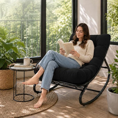 Garvee Papasan Rocking Chair, Thick Cushion, 450 lb Frame, Dark Gray | Gentle rocking motion and a roomy curved seat create a calm reading retreat for patios, balconies, bedrooms or living rooms.