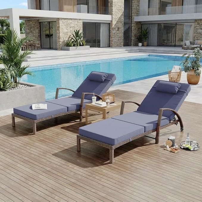 Garvee Outdoor Chaise Lounge Chairs Set of 2, PE Rattan Wicker Patio Lounge Chairs with 5-Position Adjustable Backrest, 3.5" Cushions & Wheels, 380 lbs Capacity Heavy Duty Pool Lounge Chair,Blue