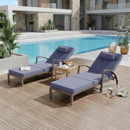 Garvee Outdoor Chaise Lounge Chairs Set of 2, PE Rattan Wicker Patio Lounge Chairs with 5-Position Adjustable Backrest, 3.5" Cushions & Wheels, 380 lbs Capacity Heavy Duty Pool Lounge Chair,Blue