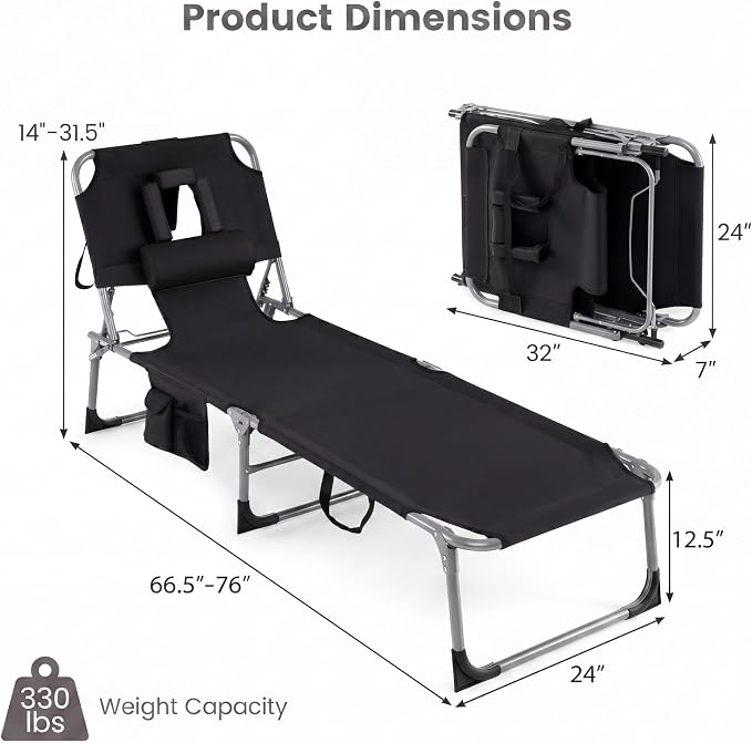 Goplus Tanning Chair, Folding Beach Lounge Chair with Face &Arm Hole, 4-Position Adjustable,Removable Pillow,Side Pocket, Sunbathing Chair, Portable Outdoor Lounge Chair for Patio Pool Lawn (1, Black)