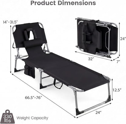 Goplus Tanning Chair, Folding Beach Lounge Chair with Face &Arm Hole, 4-Position Adjustable,Removable Pillow,Side Pocket, Sunbathing Chair, Portable Outdoor Lounge Chair for Patio Pool Lawn (1, Black)