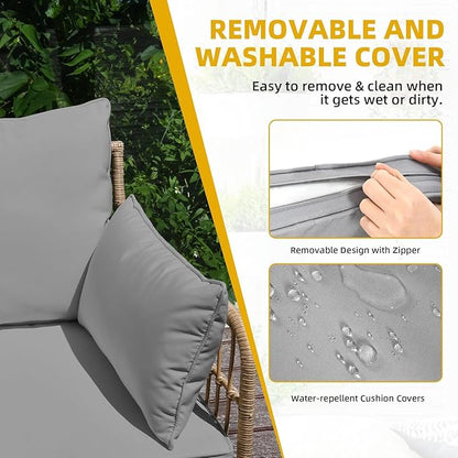 DWVO Patio Furniture Set, 4 Pieces Outdoor Patio Conversation Set, All-Weather PE Rattan Sectional L-Shaped Sofa with Soft Cushion and Side Table for Backyard, Porch, Boho Detachable Lounger (Gray)