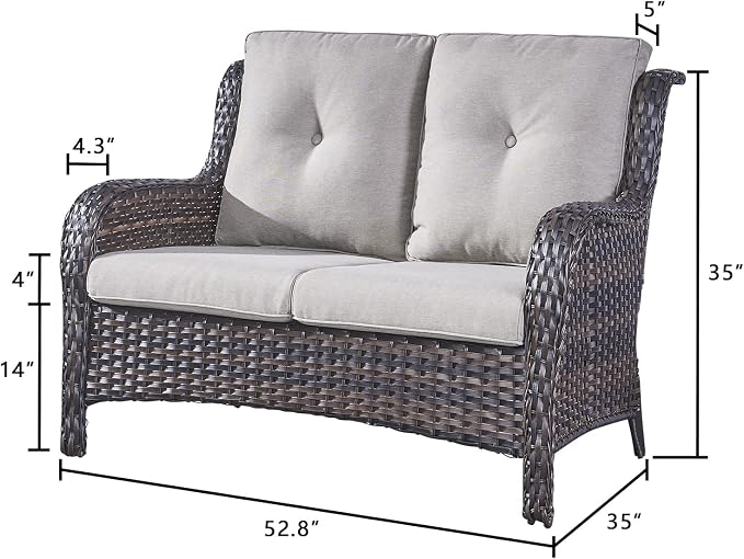 Rilyson Luxury Patio Outdoor Wicker Loveseat, 500 Lbs Weight Capacity Rattan Outdoor 2 seat Sofa Wicker with Deep Seating and Replaceable Cushions for Outside Porch Deck Balcony (Brown/Grey)