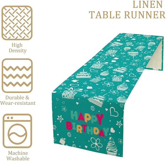 Happy Birthday Table Runner Decor, Blue with Cake and Gifts Table Runner Celebrate Summer Holiday for Holiday Party, Birthday Decorations for Children 13x120in