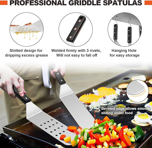 8Pcs Griddle Accessories Kit for Blackstone, Joyfair Flattop Grilling Accessory Tool Set with Stainless Steel Burger Spatula Turner, Metal Flipper, for Outdoor BBQ Teppanyaki Hibachi, (ABS Handles)