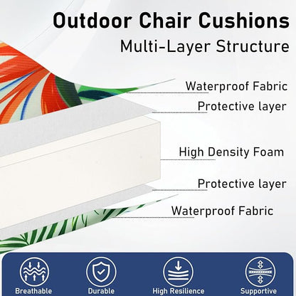 Topotdor Outdoor Chair Cushions Set of 2, Waterproof Patio Chair Cushions for Outdoor Furniture, Round Corner Seat Chair Pads with Ties for Patio Garden Dining Office, 19"x19"x3", Tropical Plant