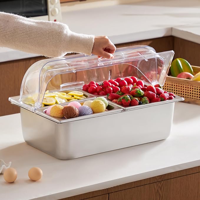 VEVOR Countertop Food Serving Display Container, 4 Pan Stainless Steel Food Serving Tray, Buffet Condiment Dispenser Display Rack with Clear Lid & 3 Freezer Boxes, for Restaurant Hotel Kitchen Party