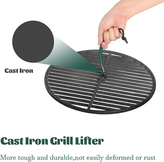 Cast Iron Grill Grate Lifter Compatible with Big Green Egg,Primo Vision Louisiana Grills Kamado Grill Accessories Grate Lifters with Green Protective Cover for Moving Hot Grate