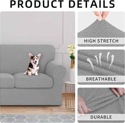 ISSUNTEX 4 Pieces High Stretch Thicken Couch Covers, Soft Sofa Slipcover for 3 Separate Cushion Couch, Jacquard Fabric Elastic Sofa Cover Furniture Protector for Dogs (Oversized Sofa, Light Gray)