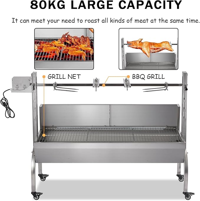 25-Inch Stainless Steel Pig Roaster Rotisserie Grill, Heavy Duty 176 LB Capacity Hog Spit for Outdoor Camping Backyard BBQ Party