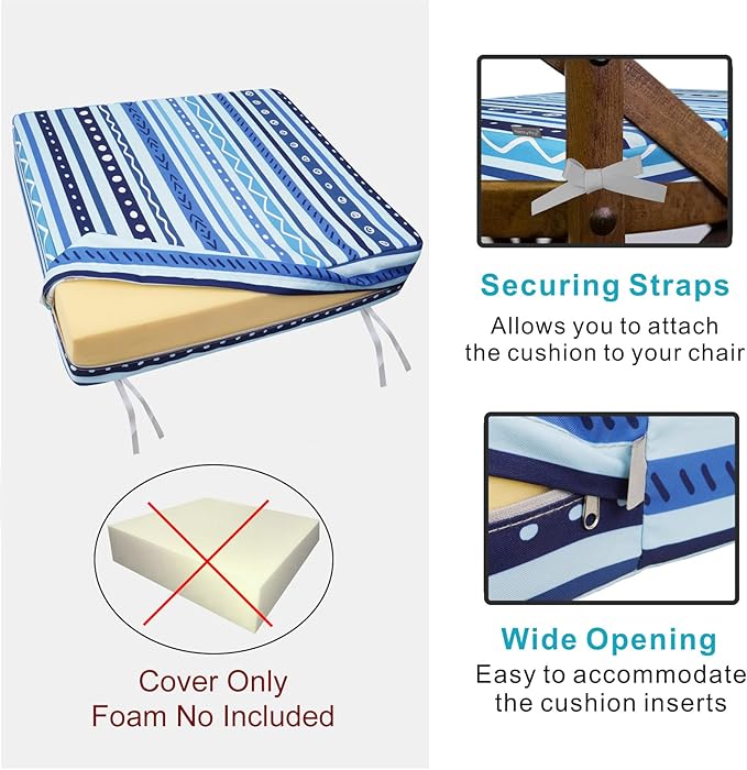 NettyPro Outdoor Cushion Slipcovers Waterproof 4 Pack Patio Chair Seat Cushion Covers with Zipper and Tie, 20 x 18 x 4 Inch, Replacement Cover Only, Stripes Blue