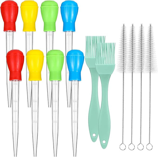 Boao 14 Pcs Heat-Resistant Turkey Baster Cooking Set Includes 8 Pcs 11 Inch Large Syringe Turkey Baster, 2 Basting Brush, 4 Cleaning Brush, Meat, Food Injector for Poultry, Beef,Chicken(Bright Color)
