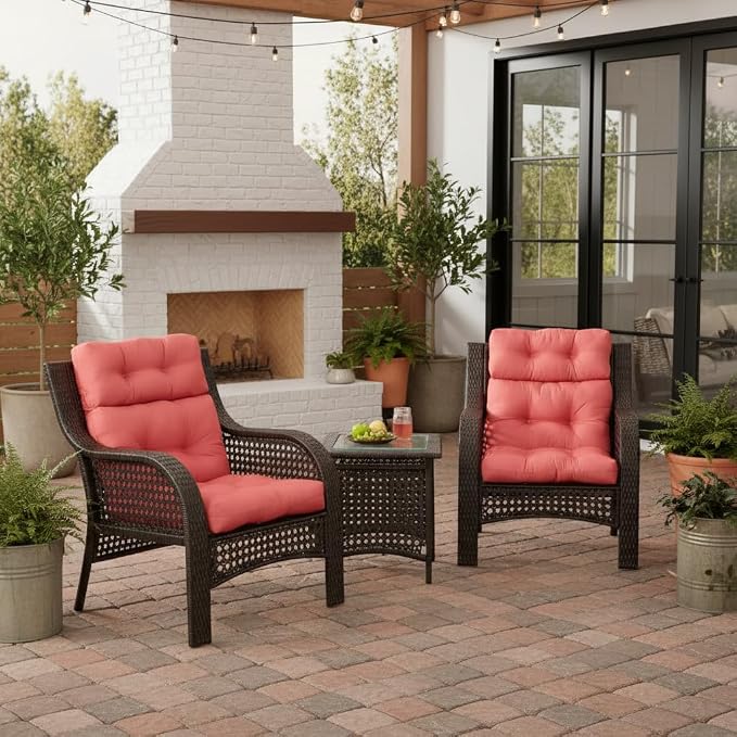 Outdoor Tufted High-Back Chair Cushions, One-Piece Hinged Seat and Back Design, Reversible with 4 Ties, Durable Polyester Fabric, Recycled Fiber Fill - Set of 2, Coral