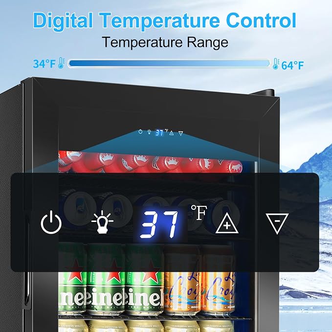 FoMup Beverage Refrigerator 126 Can, Mini Beverage Fridge Small Beverage Cooler with Glass Door Safety Lock, Drink Fridge for Beer Soda Wine, Perfect for Dorm Office Hotel