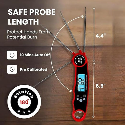 Meat Thermometer Digital Instant Read for Cooking and Grilling, Waterproof Food Thermometer with Backlight, Foldable Probe, Auto Off, Magnet, Bottle Opener, Built-in Bottle Opener & Fridge Magnet