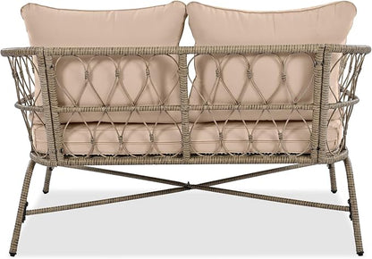 VilroCaz Bohemia-Inspired 4-Person Outdoor Seating Group with Loveseat, 2 Chairs and Table, All Weather Conversation Patio Set with Wood Tabletop and Washable Cushions for Backyard Poolside Garden