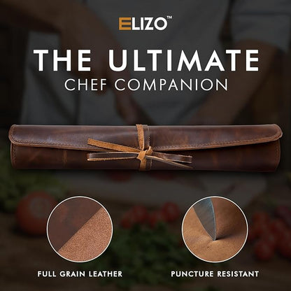 ELIZO Leather Knife Roll Bag Professional Chef Knife Case, Durable Knife Sheath Holder, Cooks & Culinary Tools Carrying Storage, Portable Knife Wrap - 4 Slots