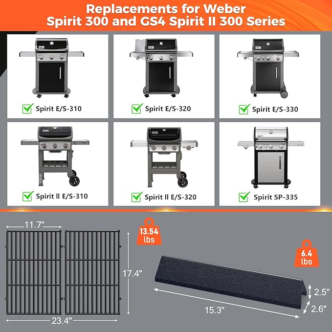 Grill Parts for Weber Spirit 300 and Spirit II 300 Series, 15.3" Flavorizer Bars & Grill Grates for Weber Spirit E-310 E-315 E-330 Series Grills with Front Control Knobs, Replace for Weber 7636 7638