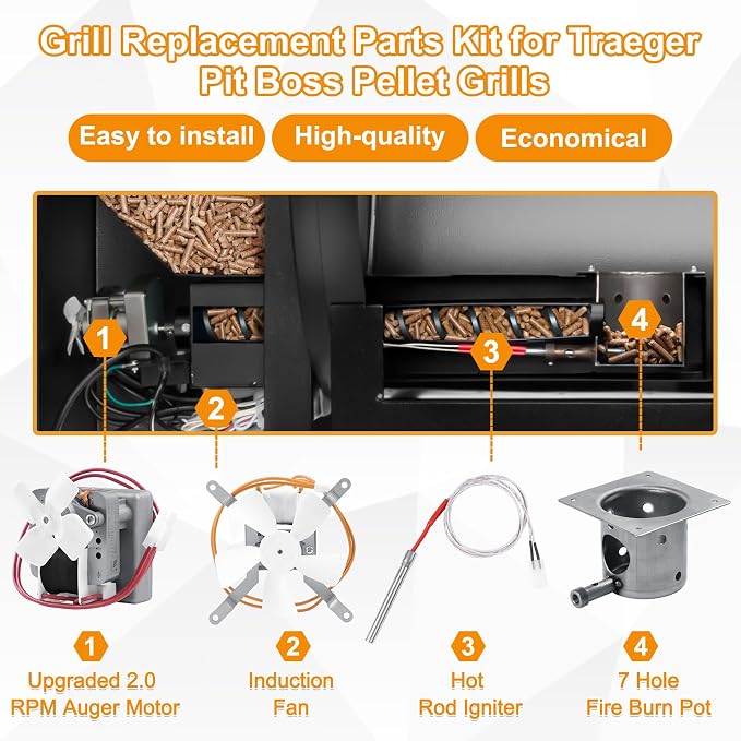 Upgrade Grills Replacement Parts Kit for Pit Boss, Traeger Wood Pellet Grills, Include 2.0 RPM Auger Motor, Hot Rod Ignitor, Fire Burn Pot, Induction Fan, Fit for Camp Chef, Z Grills Pellet Grill