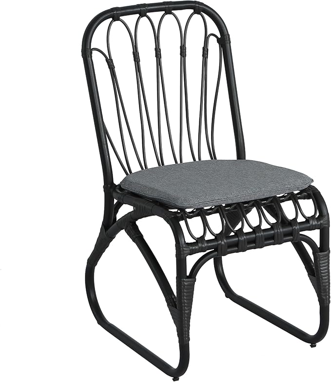 Christopher Knight Home Set of 2 Busby Patio PE Wicker Dining Chairs, Outdoor Woven Rattan Accent Chair with Iron Frame+Cushion, Fully Assembled Lounge Chair Outdoor for Garden/Balcony, Black+Grey