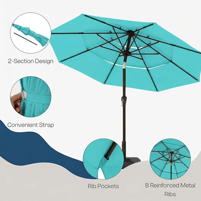 10ft 3 Tier Patio Umbrella, Outdoor Market Table Umbrella with UPF 50+ Vented Canopy, 8 Sturdy Ribs, Easy Push Button Tilt and Crank, Windproof for Deck, Pool, Backyard and Garden