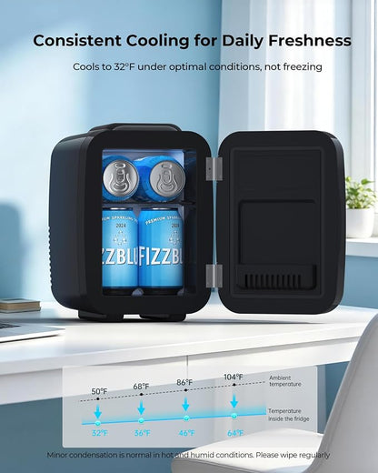BEICHEN Mini Fridge 4 Liter/6 Can Portable Compact Refrigerator | for Bedroom Office Dorm Car, Fast Cooling, Low Noise, 100-125V AC/5-12V USB, for Skincare, Food, Drinks(Black)