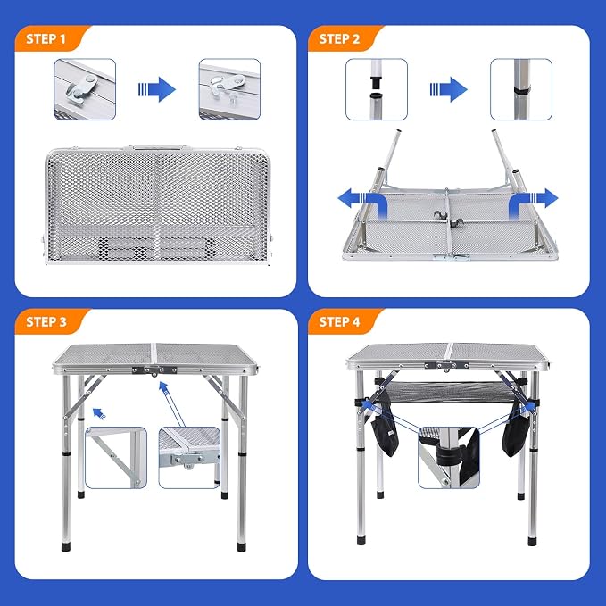 Nice C Square Folding Height Adjustable Aluminum Table (23.6", White) | Mesh Bag, Carry Handle, Grill Table, Camping Table, Outdoor Table, Card Game Table