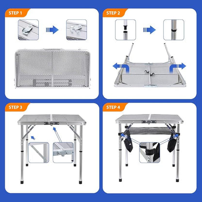 Nice C Square Folding Height Adjustable Aluminum Table (23.6", White) | Mesh Bag, Carry Handle, Grill Table, Camping Table, Outdoor Table, Card Game Table