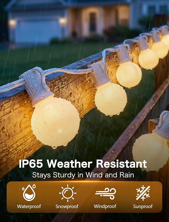 SUNSGNE 25FT G40 LED Outdoor White String Lights with 27 White Solid Shatterproof Globe Bulbs (2 Spare), Outdoor Hanging Edison Lights for Room Café Bistro Pergola Tents, White Wire