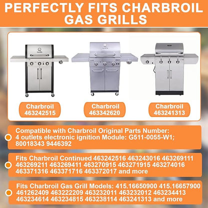 G511-0055-W1 Grill Igniter Kit for Charbroil Grill Replacement Parts, Charbroil Ignition Switch 80018343, 4-Outlets Electronic Ignition Module w/ Wires & 1 Push Button for Charbroil Surefire Ignitor