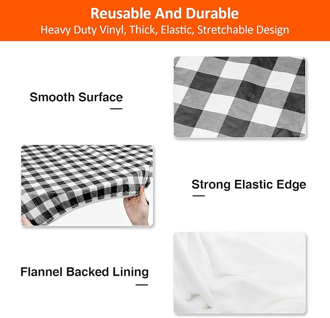 5ft 60" Picnic Table and Bench Cover, 3 Pack, Black-White Checkered | Waterproof Windproof, Elastic Fitted Edges Tablecloth, for Rectangle Table & Seat, Camping Essentials RV Gear
