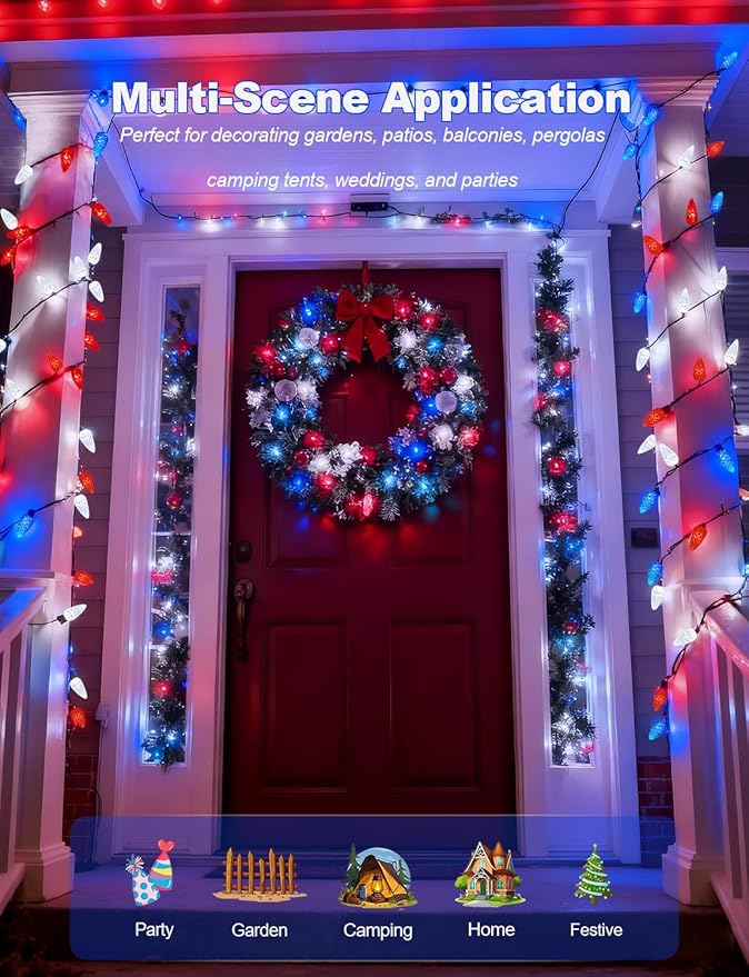 2 Pack C6 Strawberry String Lights, 50 LED Red White Blue Solar Powered Waterproof 8 Modes Outdoor Garden Patriotic Lights for 4th of July Decor