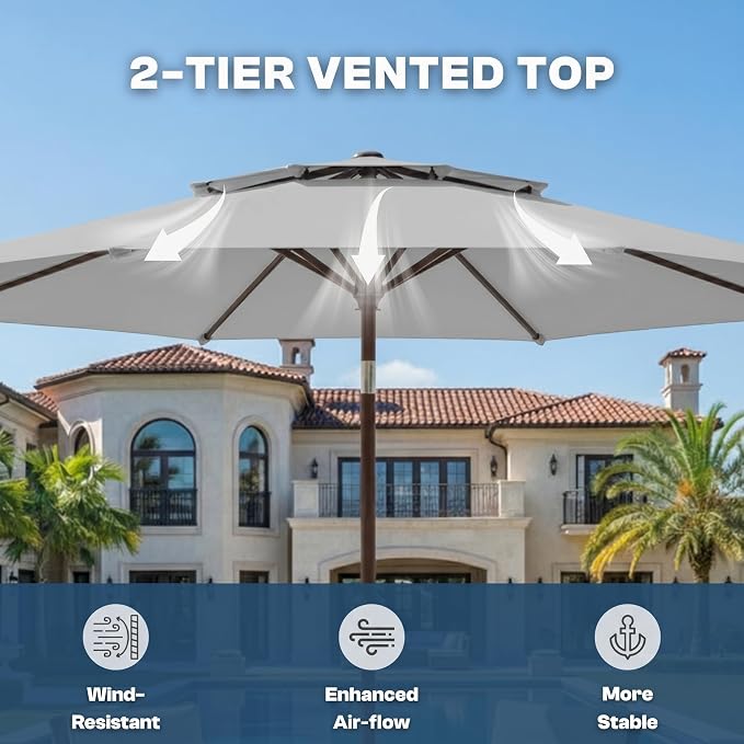 10FT Outdoor Patio Umbrella, 2 Tiers Market Table Umbrella with 8 Sturdy Ribs, Push Button Tilt and Crank, UPF50+ UV Protection for Deck, Pool, Garden and Backyard