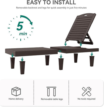 YITAHOME Outdoor Chaise Lounge Chair, Plastic Pool Chaise Lounge with 5-Position Backrest, Easy Assembly & Waterproof for Patio & Poolside, Set of 4, Brown