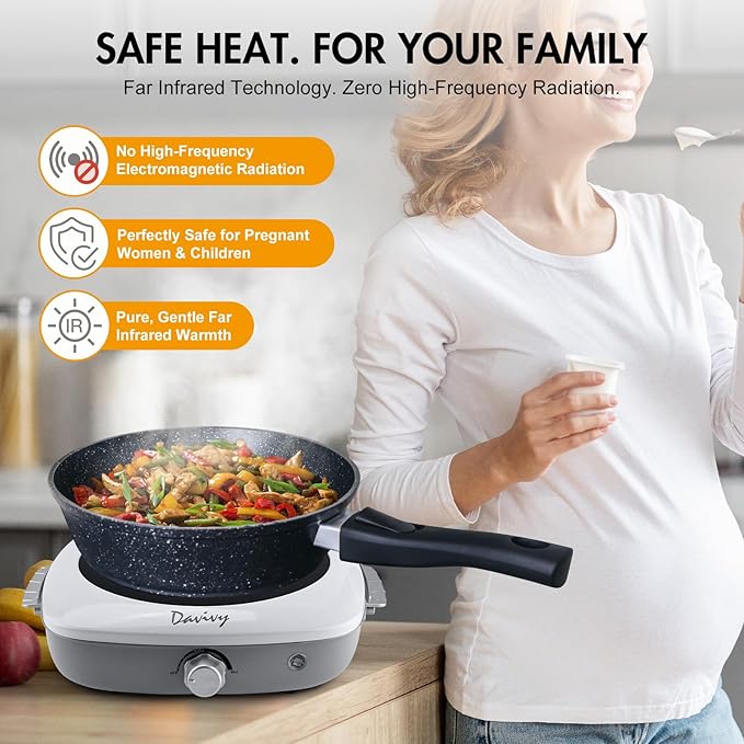 Davivy Single Burner Hot Plate with Sturdy Handle, 7.9 inch Ceramic Glass Cooktop, 1200W Infrared Cooker, Compatible Of All Cookware, White