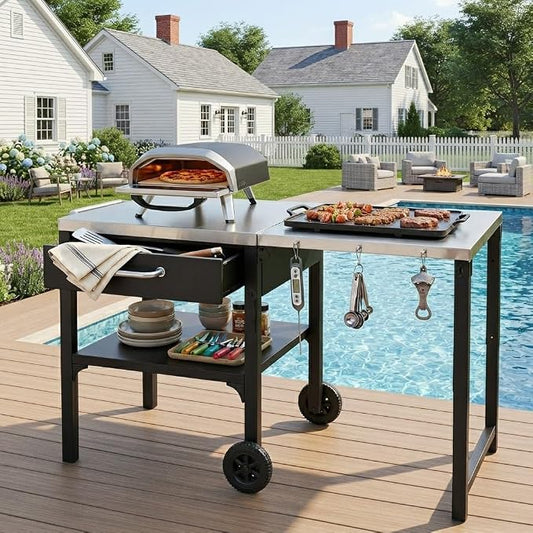 55” Outdoor Grill Table with Storage Cabinet & Folding, Metal | Stainless Steel Top Grill Cart for Kitchen with Wheels & Hooks, Kitchen Island Prep Table/Pizza Oven Table for BBQ Backyard