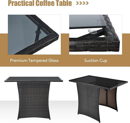 Tangkula 3 Pieces Patio Dining Set, Space-Saving PE Rattan Bistro Set with Tempered Glass Top Table and Cushioned Chairs, Outdoor Conversation Set for Garden Backyard Poolside Porch (Gray)