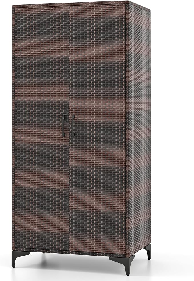 Giantex Wicker Storage Cabinet, 62” Tall Pantry Cabinet with 2 Doors, Hanging Rod, 4 Storage Cubes, Metal Legs, Anti-Tipping Device, PE Rattan Storage Cabinet for Home Office, Garage Cabinets (Brown)