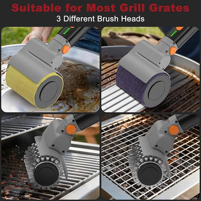 Electric Grill Brush, Rechargeable USB BBQ Grill Cleaner with 3-Speed & 3 Heads, 150+ Min Runtime, Waterproof & Heat Resistant, Cordless Rotary Grill Brush for Outdoor Barbecue Grates