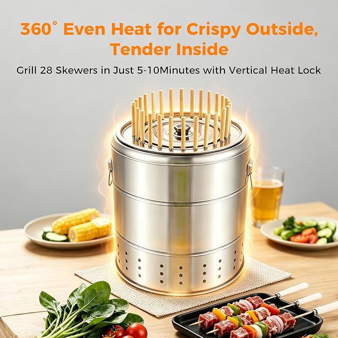 Smokeless Barbecue Charcoal Barrel Grill, 360° All Surround Charcoal kebab Grill with 28 Skewers, Stainless Steel Portable BBQ for Picnics, Camping, Travel, Parties, Beaches