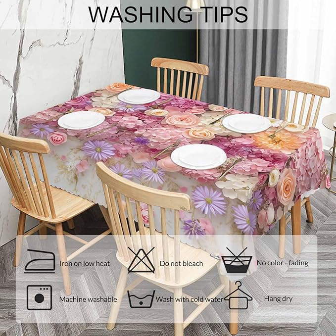 Rose Dinner Tablecloth Table Cover, Pink Wall Floral Roses Peonies Blossom 52x70 Inch Table Cloth Dust-Proof Table Cover Protector for Home Restaurant Picnic Camping BBQ