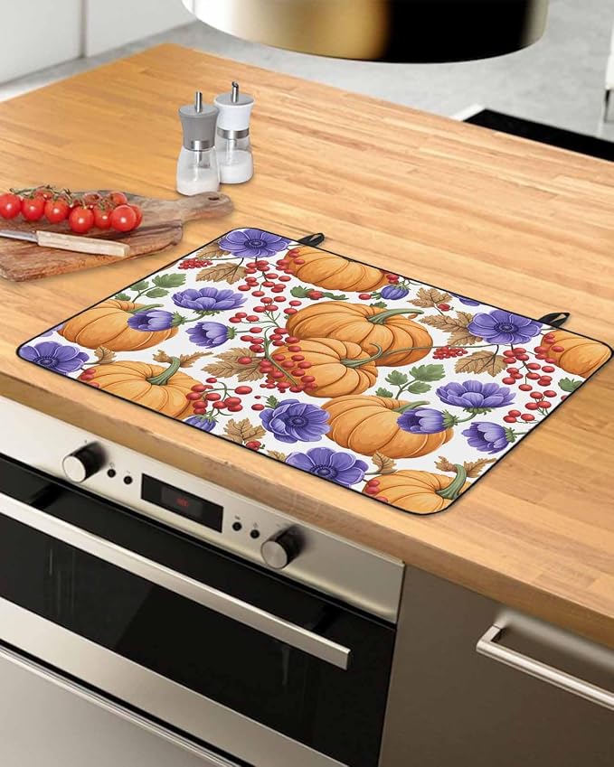 Orange Pumpkin Fall Stove Top Cover for Electric Stove, Thanksgiving Purple Floral Farmhouse Heat-proof & Non Slip Glass Top Stove Cover Protector, Kitchen Flat Cooktop Rubber Mat 31x24 Inches